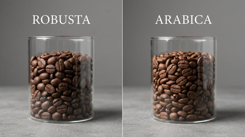 Split-screen comparison shot showing robusta coffee beans on