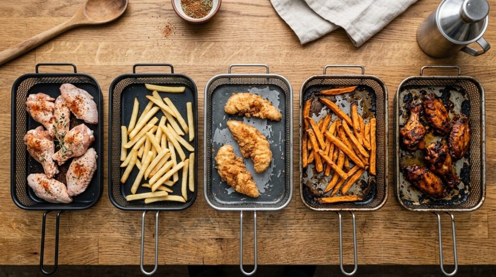 Realistic flat lay overhead shot of multiple air fryer baske